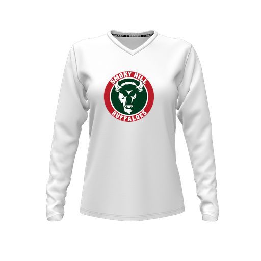 [CUS-DFW-TEES-CMF-VNK-LSL-WHT-FYXS-LOGO1] Decker Comfort T-Shirt (Female Youth XS, White, V Neck, Logo 1, Long Sleeve)