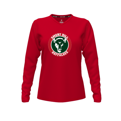[CUS-DFW-TEES-CMF-VNK-LSL-RED-FYXS-LOGO1] Comfort T-Shirt (Female Youth XS, Red, V Neck, Logo 1, Long Sleeve)